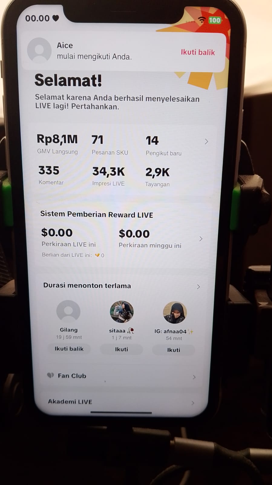 Screenshot omset live streaming Rp 8,1 Juta brand klien DNA Project