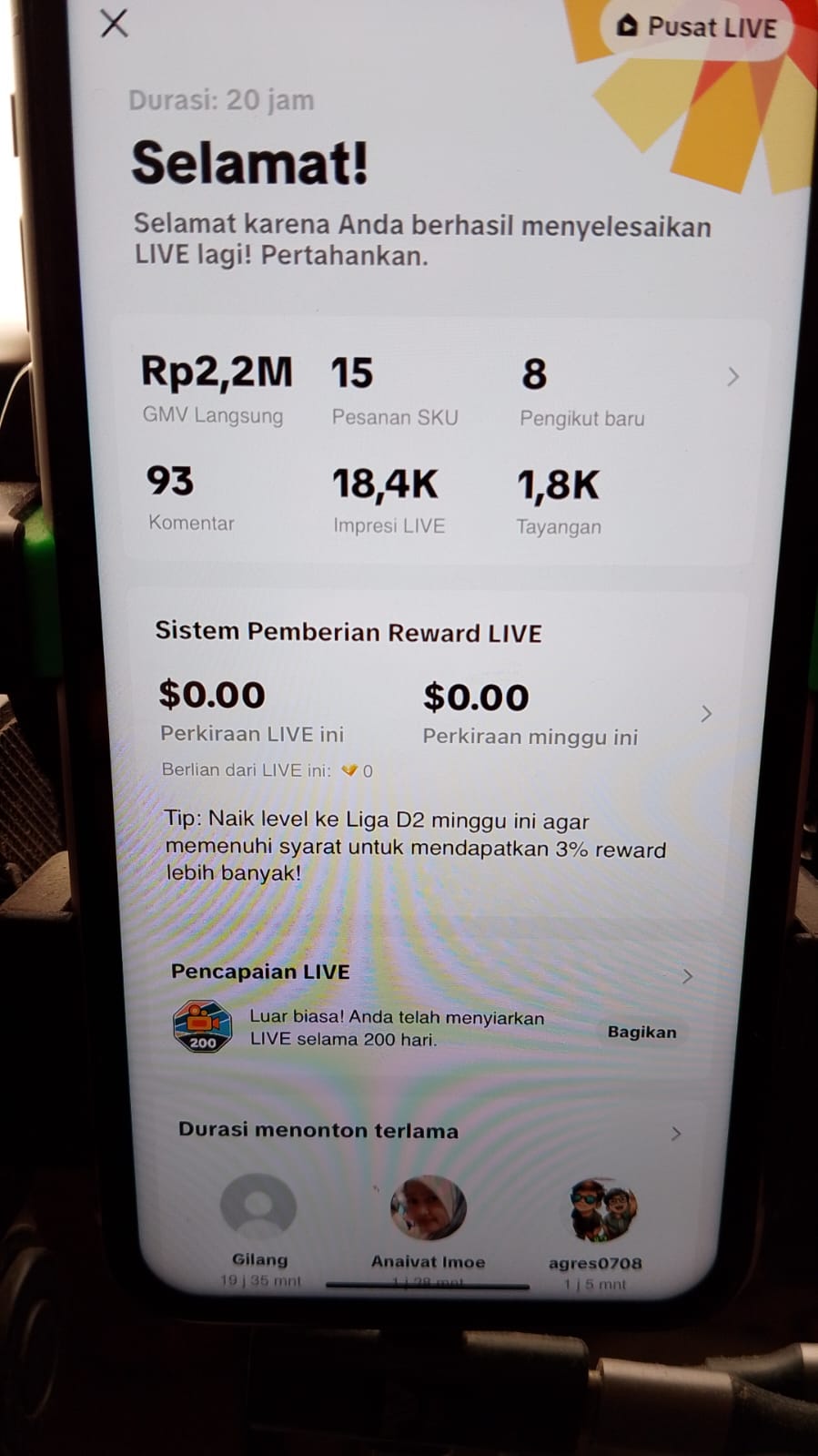 Screenshot omset live streaming Rp 2,2 Juta brand klien DNA Project