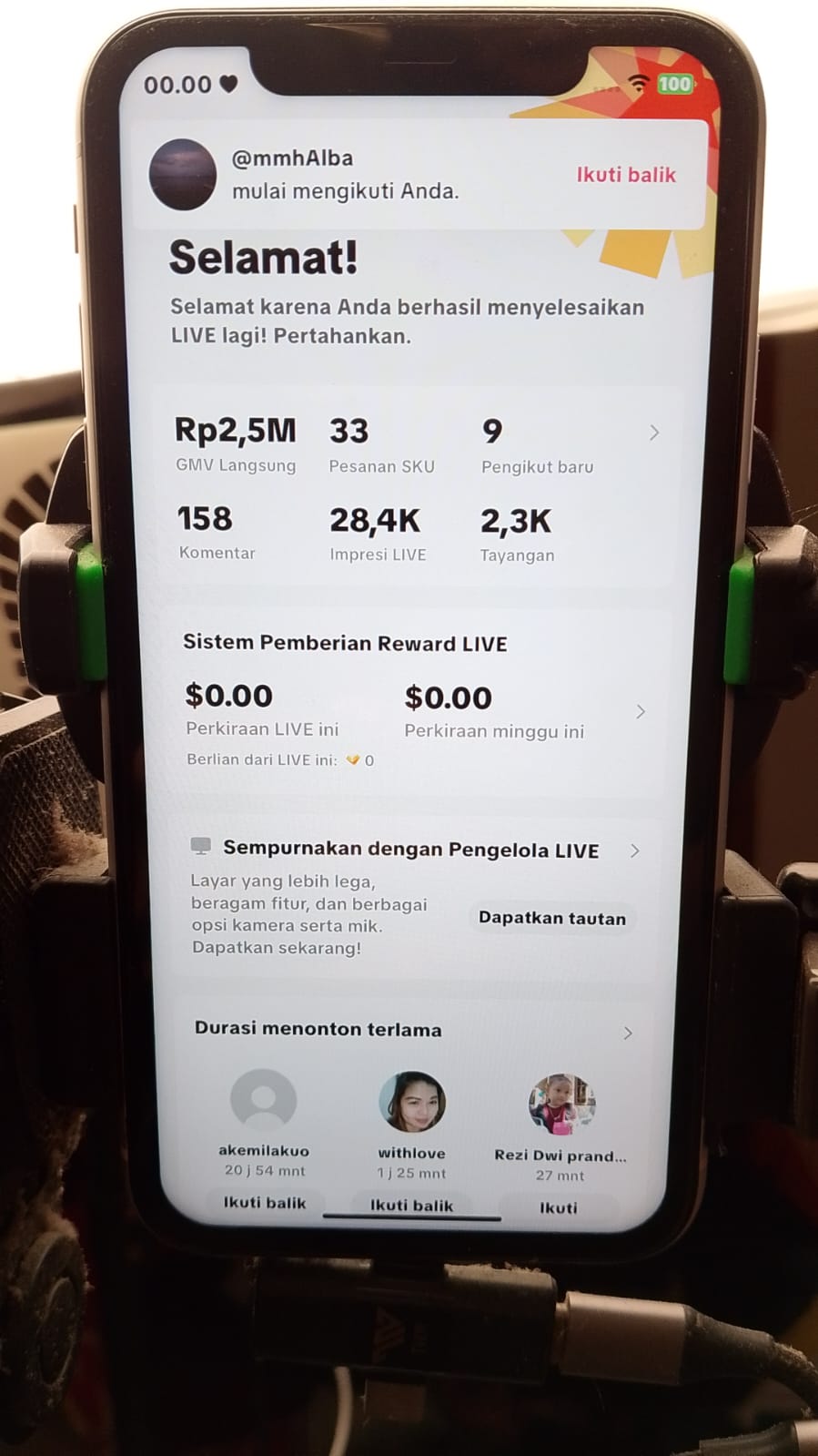 Screenshot omset live streaming Rp 2,5 Juta brand klien DNA Project