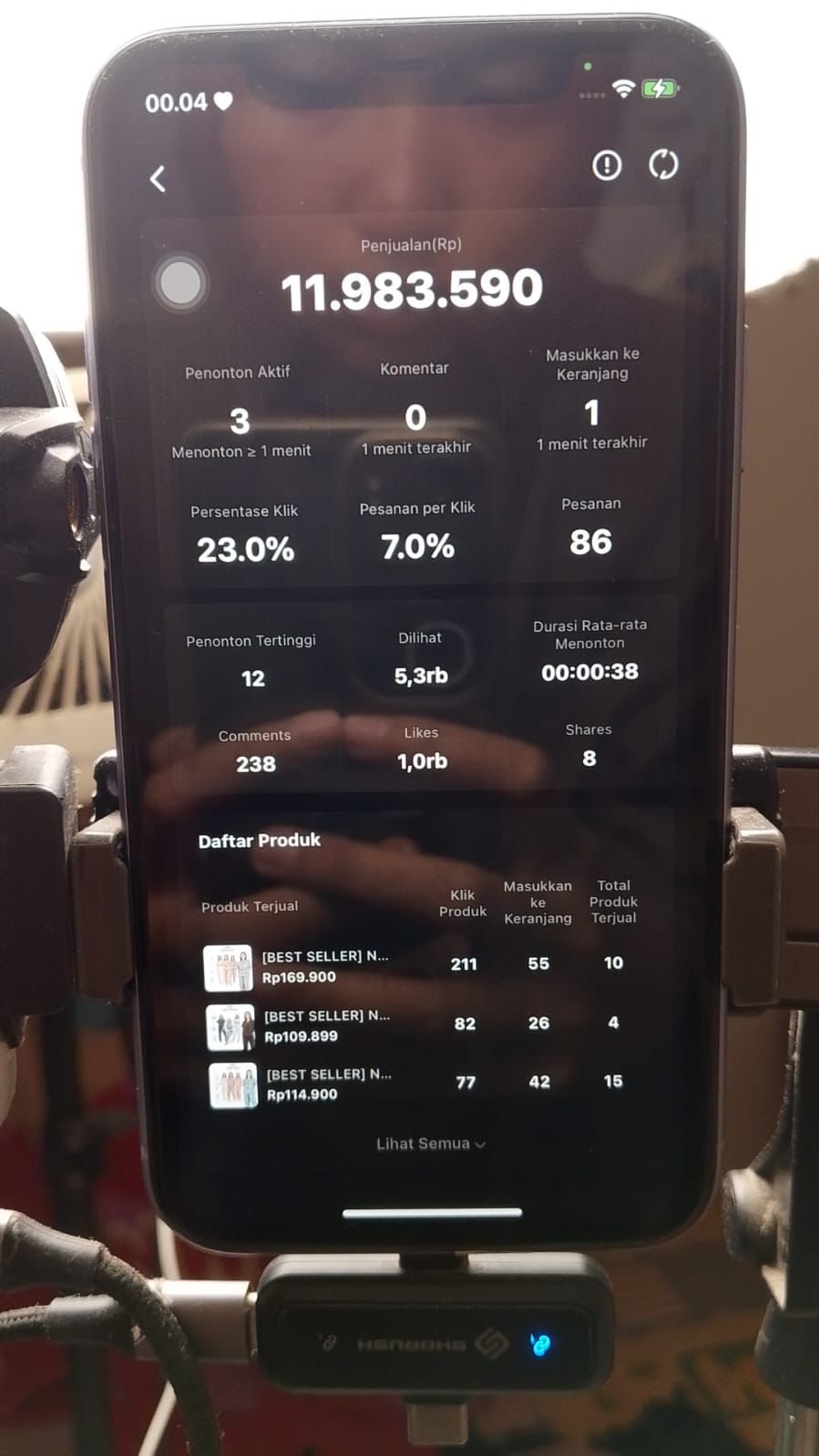 Screenshot omset live streaming Rp 11,9 Juta brand klien DNA Project
