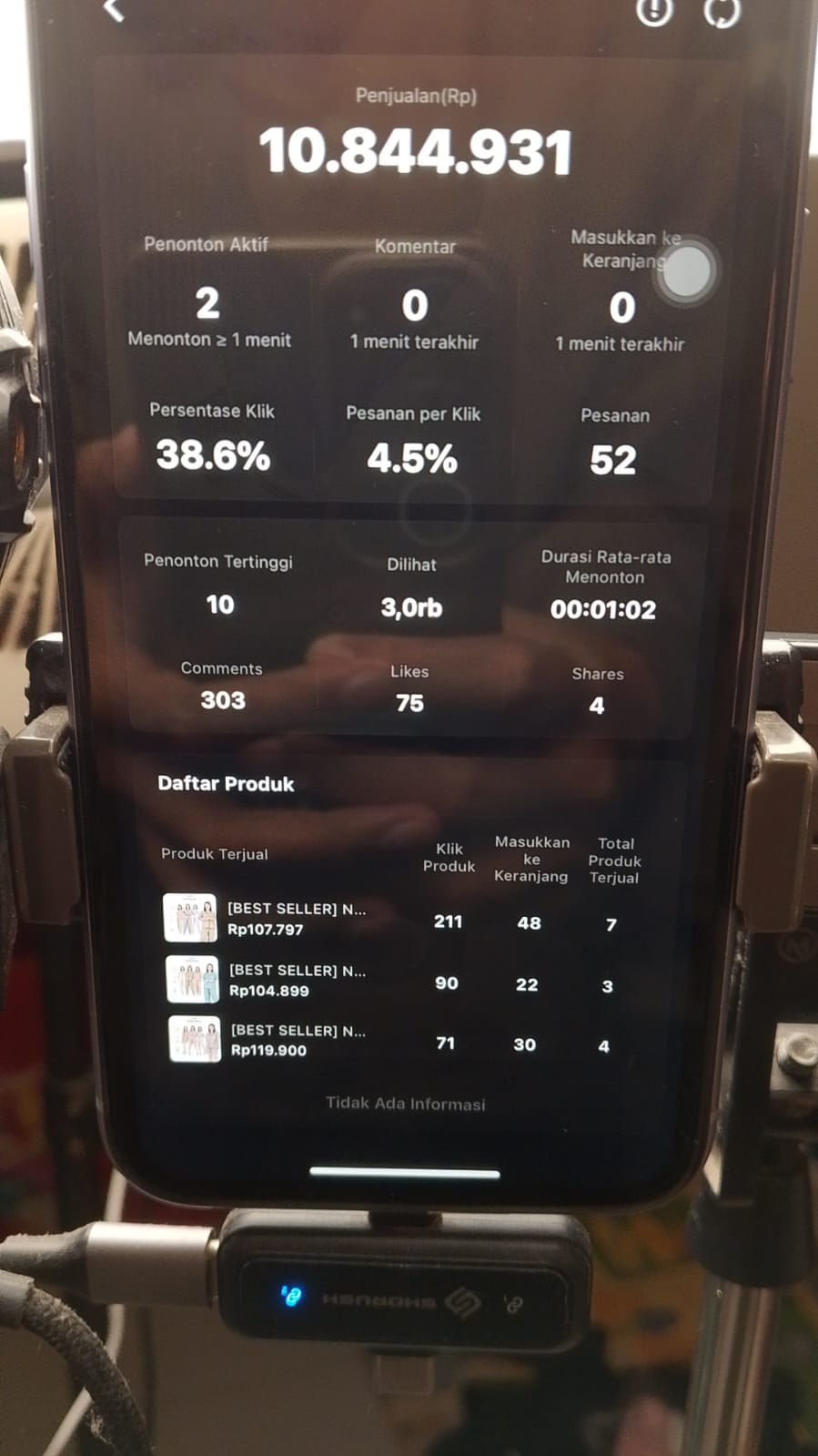 Screenshot omset live streaming Rp 10,8 Juta brand klien DNA Project